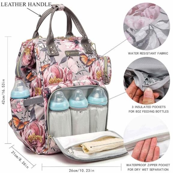 Floral Diaper Bag Backpack with Coin Bag USB Charging Port Stroller Straps - Picture 2 of 7